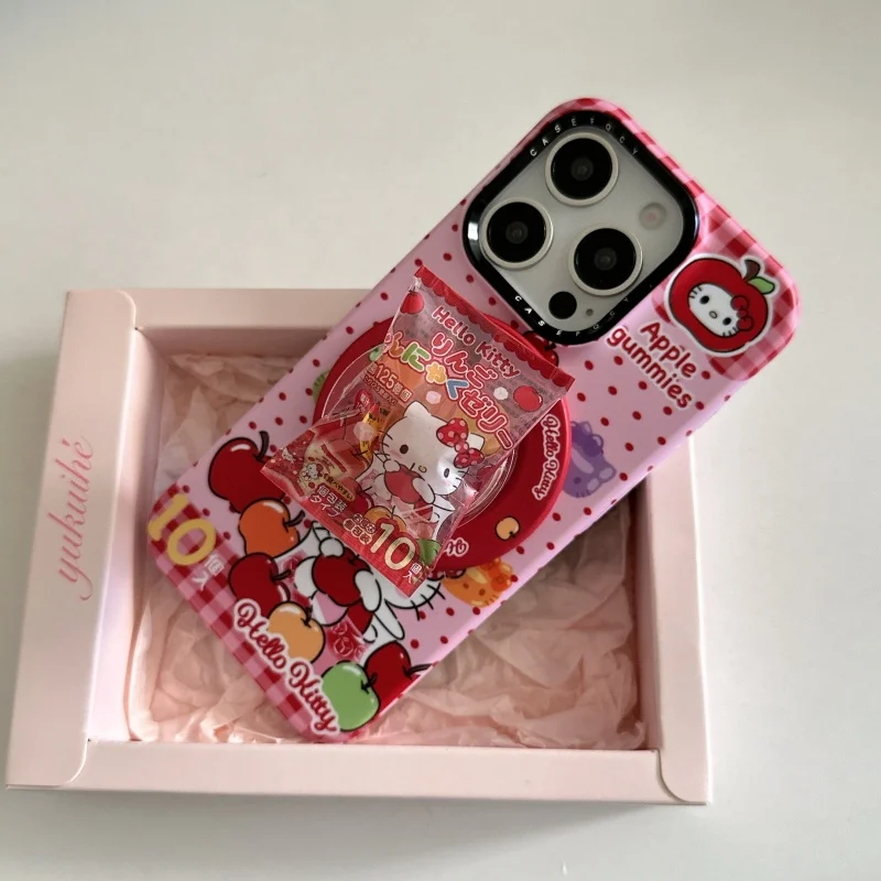 الدوبامين الأحمر شبكة البولكا نقطة أبل كاندي ثلاثية الأبعاد مرحبا كيتي جراب هاتف آيفون 17 16 15 14Pro ماكس مع حامل مغناطيسي