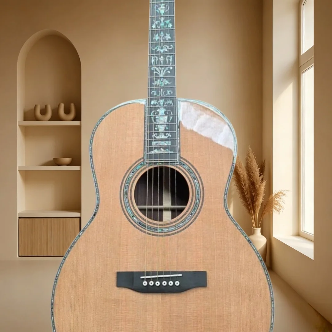 00045 39 Inch OM Style All Solid Acoustic Guitar Cedar Top Rosewood Back Sides Ebony Fingerboard Floral Shell Inlay Guitar