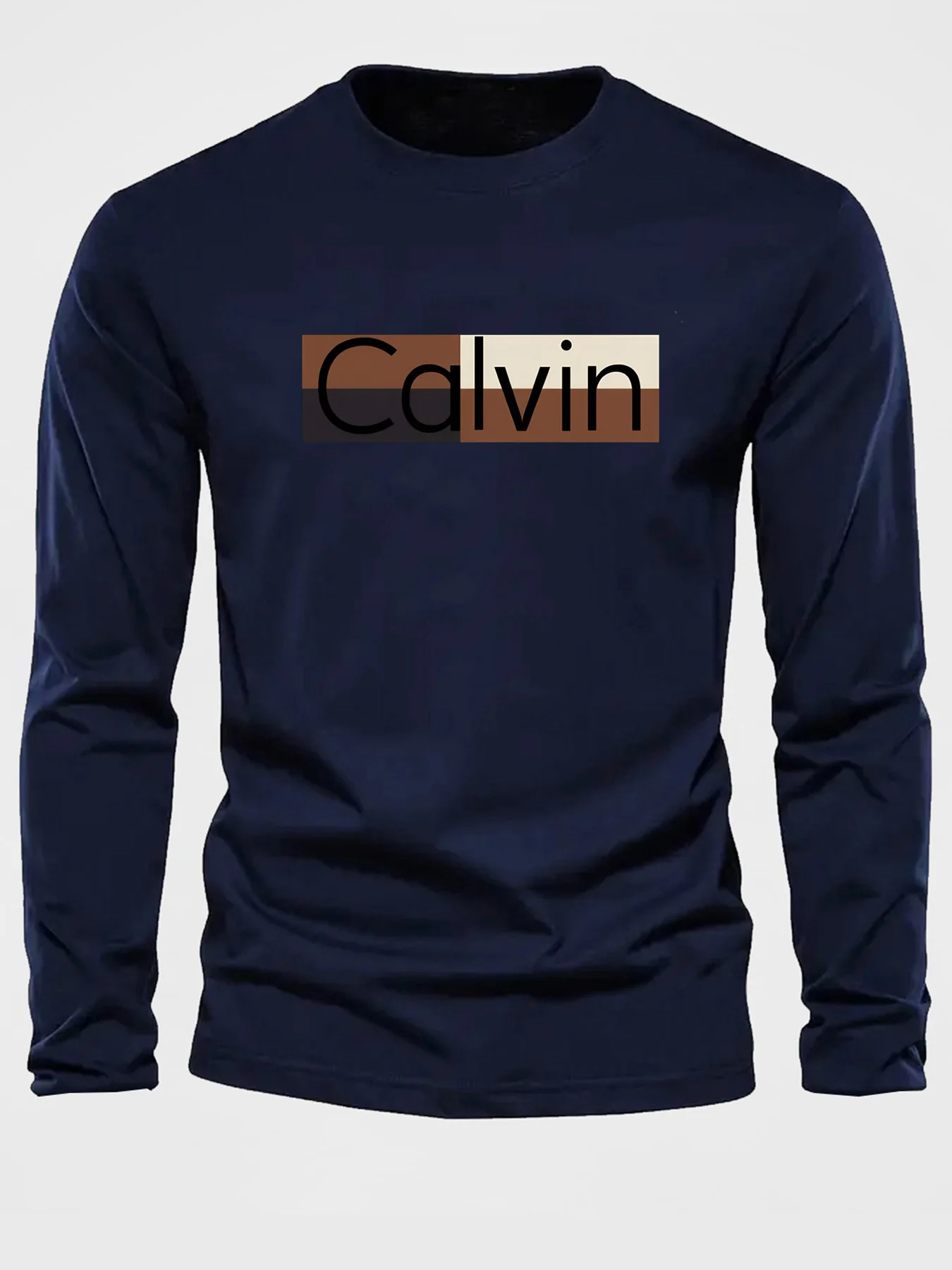 Męska koszulka z długim rękawem, okrągły dekolt, luźny krój, klasyczny wzór z nadrukiem liter, 100% bawełna, jesienno-zimowa, uniwersalna, codzienna.