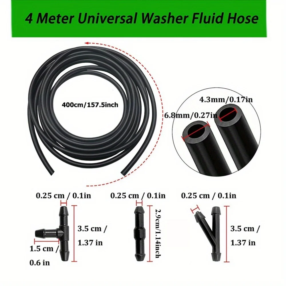 Windshield washer fluid hose, suitable for most car windshield washer hoses, includes a nozzle and a hose clamp