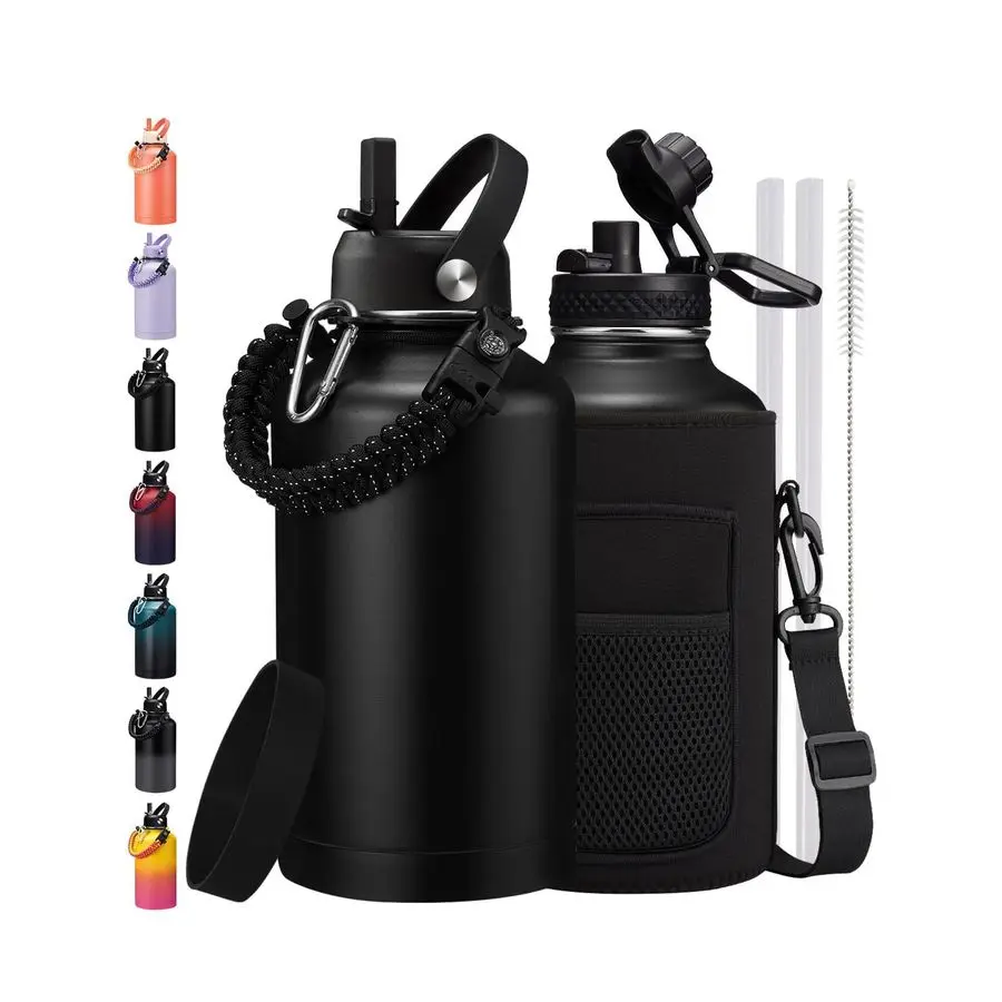 

oz Water Bottle with Straw amp Spout Lids, Keep Cold 48H, Half Gallon Insuated Water Bottle with Paracord Handle amp Carrier Bag