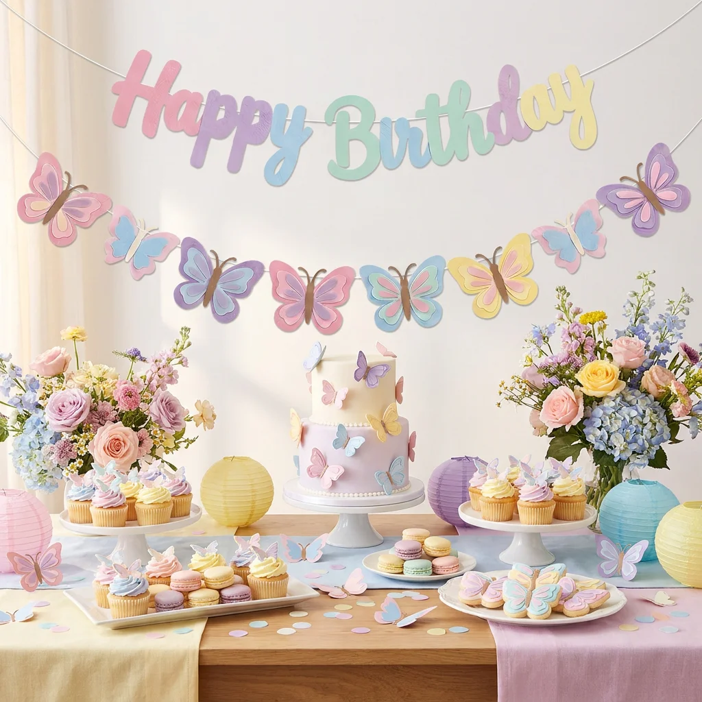 Guirnalda de Fieltro Plana 2D con Mariposas Rosas y Moradas, Decoración Colgante para Cumpleaños, Jardín de Hadas, Fiesta de Té, Temática Wild One, Baby Shower para Niñas