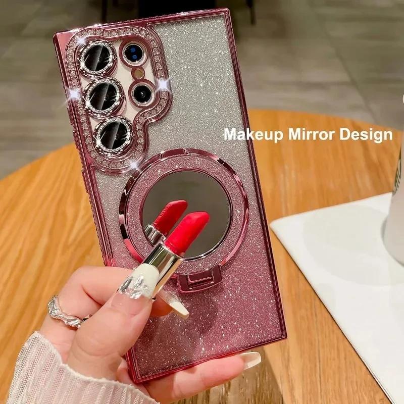 Funda Fashionable luxury diamond/glitter/stand/mirror magnetic phone case for Samsung S26 S25 S24 S23 S22 Plus Ultra