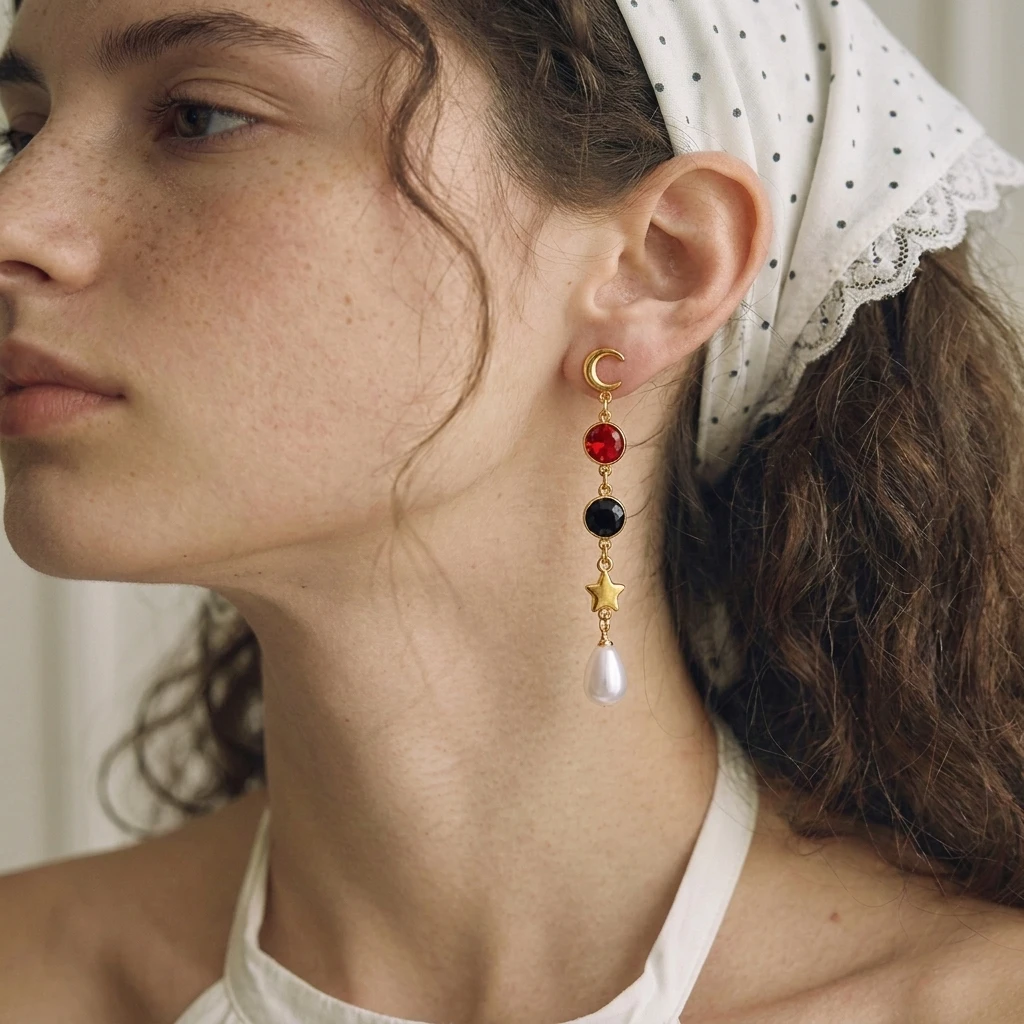 Edelstahl Sonne-Mond Asymmetrische Quasten-Ohrringe für Frauen Bunte Zirkonia Lange Hängeohrringe Party Alltags-Schmuck – Detail 3