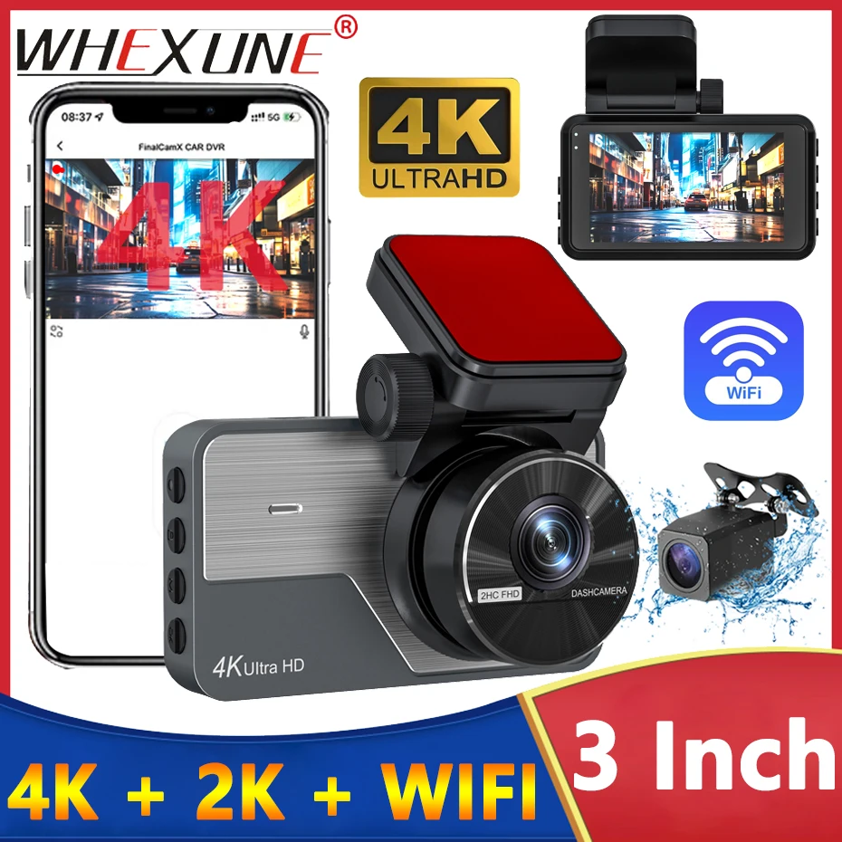 

3-дюймовый UHD 4K видеорегистратор для автомобиля с ночным видением, Wi-Fi, круглосуточным мониторингом парковки, циклической записью, двумя объективами: 4K спереди и 2K сзади