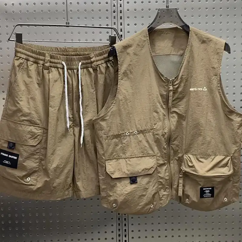 

Unisex Large Size 300 Pounds Summer Casual Sports Set V-Neck Tank Top Five-Quarter Shorts Two-Piece Workwear Style with Multi...