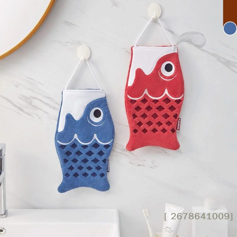 ☭Cute Cartoon Koi Form Hanging Hand Towel Household Bathroom Children's Super Absorbent Handkerchief Square Kitchen Hand Towel view 3