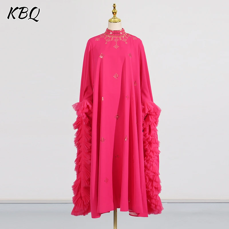 

KBQ Solid Spliced Ruffles Loose Dresses For Women Stande Collar Long Sleeve Patchwork Sequins Elegant Chic Dress Female Fashion