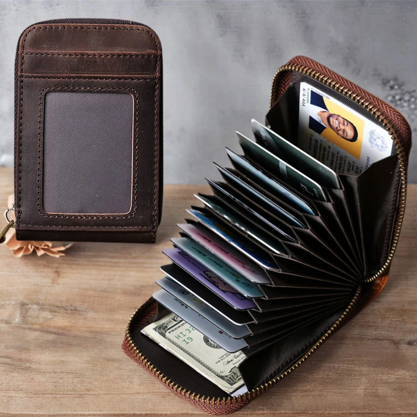 Men's Genuine Leather Card Holders Zipper Wallet with Coin Pocket Top Grain Cowhide Retro Organ Design