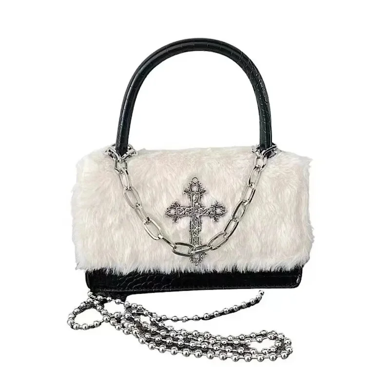 Cross Plush Punk Y2k Gothic Locomotive Star Handbag Women Nylon Chain One Shoulder Cool Girl Large Capacity Wallet Crossbody Bag