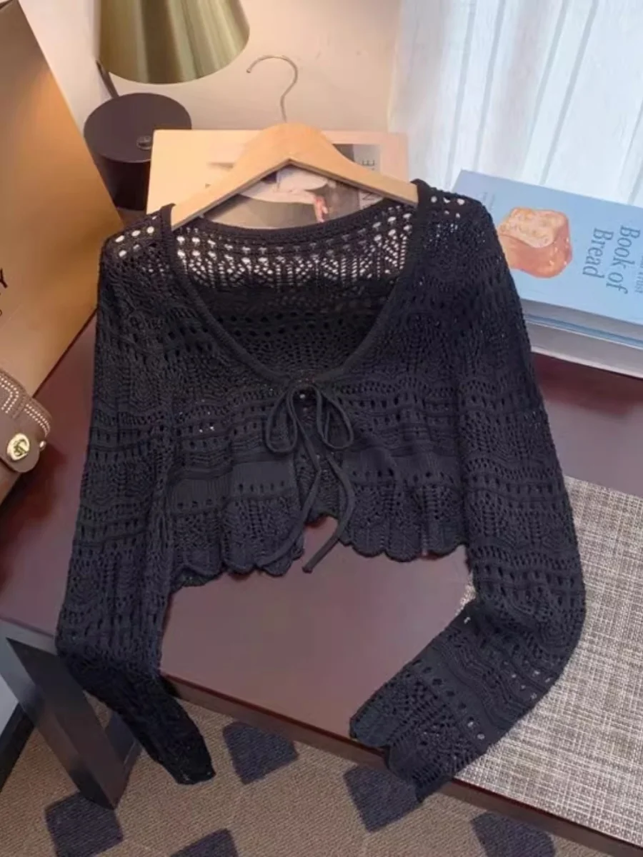 夏用多用途透かし編みニットリネン長袖日焼け止めカーディガンショールレディースアウターアイスシルクトップ