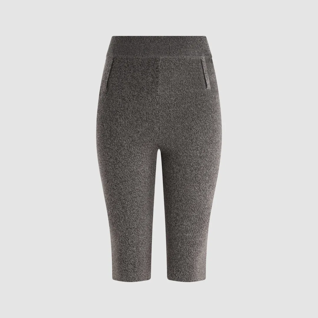 2026 Wool Blend Knit Leggings – Heather Gray High-Waisted Capri Pants with Side Pockets & Ribbed Waistband