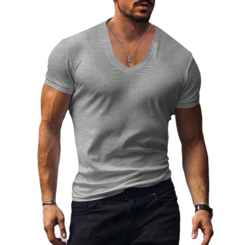 Summer Clothes T Shirt Short Sleeve V Neck Solid Color T Shirts Slim Fit Lightweight Casual Tee Polyester Cotton No Collar