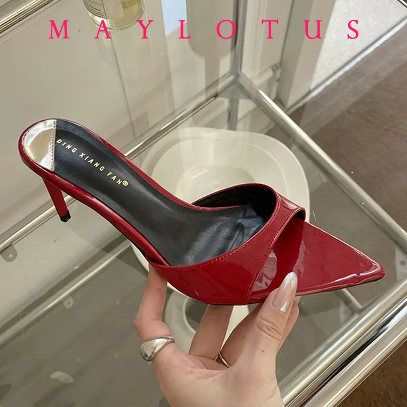 7cm White Heels Slippers Stiletto Ladies Sandals White Patent Leather Summer Shoes Woman 2025 Pointed Toe Sandalias De Mujer