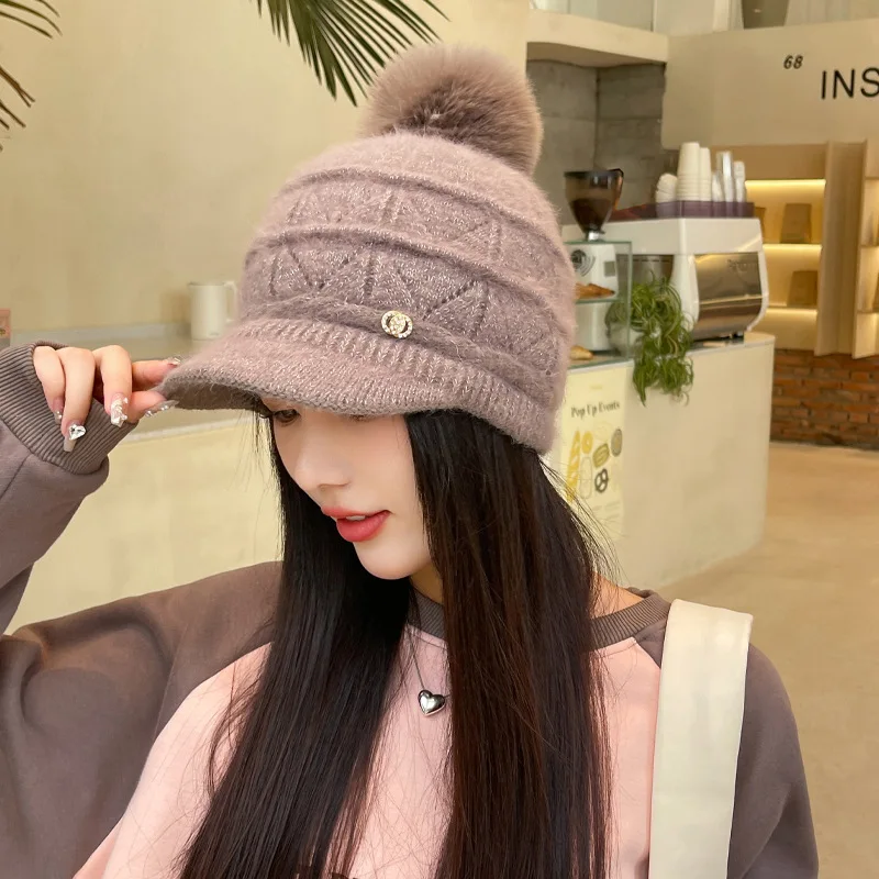 Autumn and winter hat female winter warm padded knitted cap wool cap thickened duck tongue cap warm plush ear protection cap