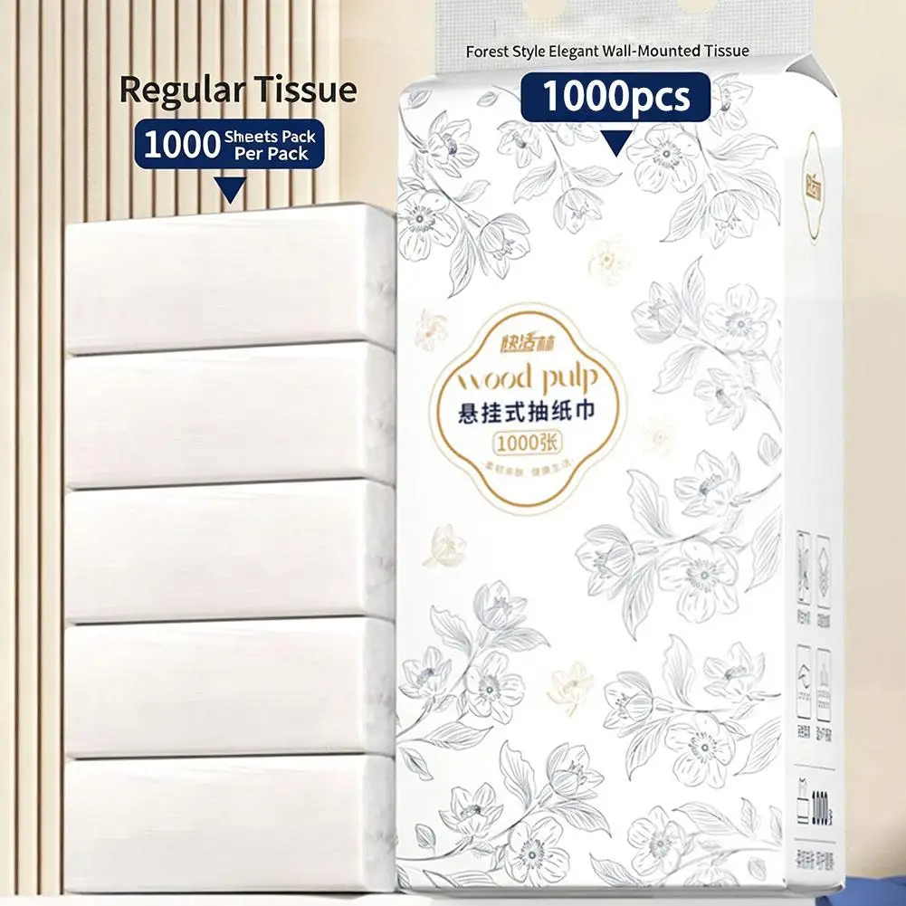 1000 Sheets of Hanging Toilet Paper Family Pack Four Layers of Thickened Paper Towels Original Wood Household Wet and Dry Napkin