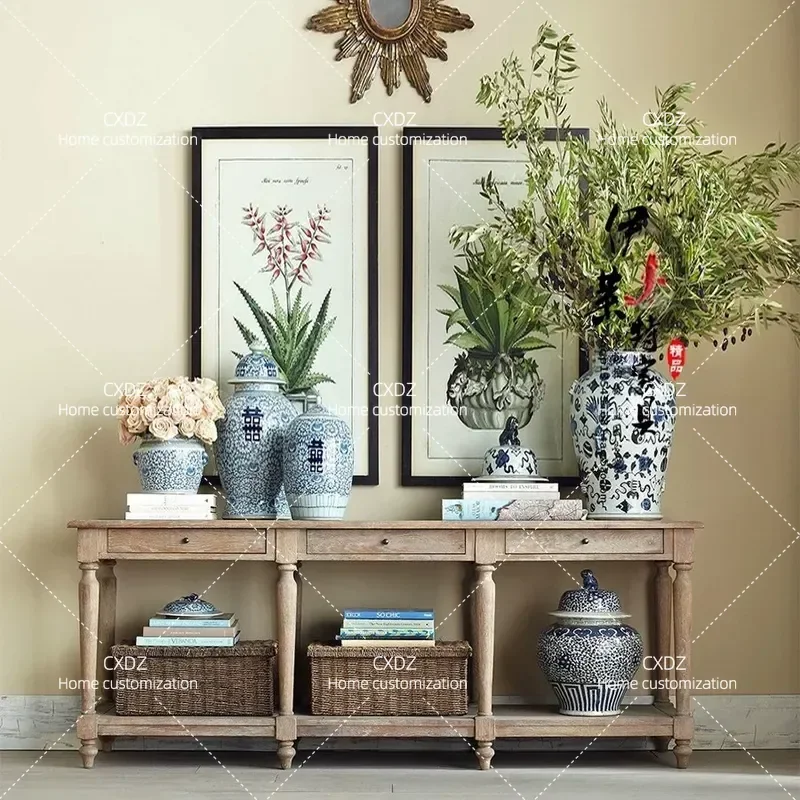 American Style Solid Wood Porch Cabinet Entryway Partition Shelf Retro Living Room Dining Sideboard Storage Console Table