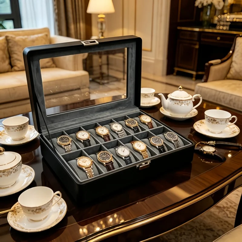 Christmas Gift Watch Organizer Set, 12 Slot Lockable Watch Box + 6 Self-Closing Pouches for Watch Lovers