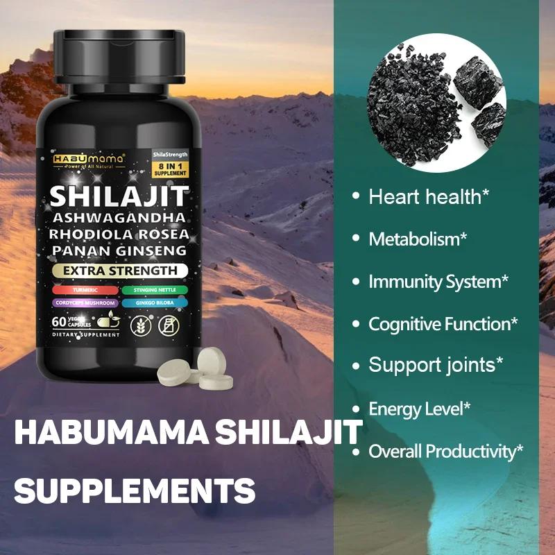 Natural Pure Ingredient 8 in 1 Shilajit, Ashwagandha, Panax Ginseng, Turmeric Capsules Supplement