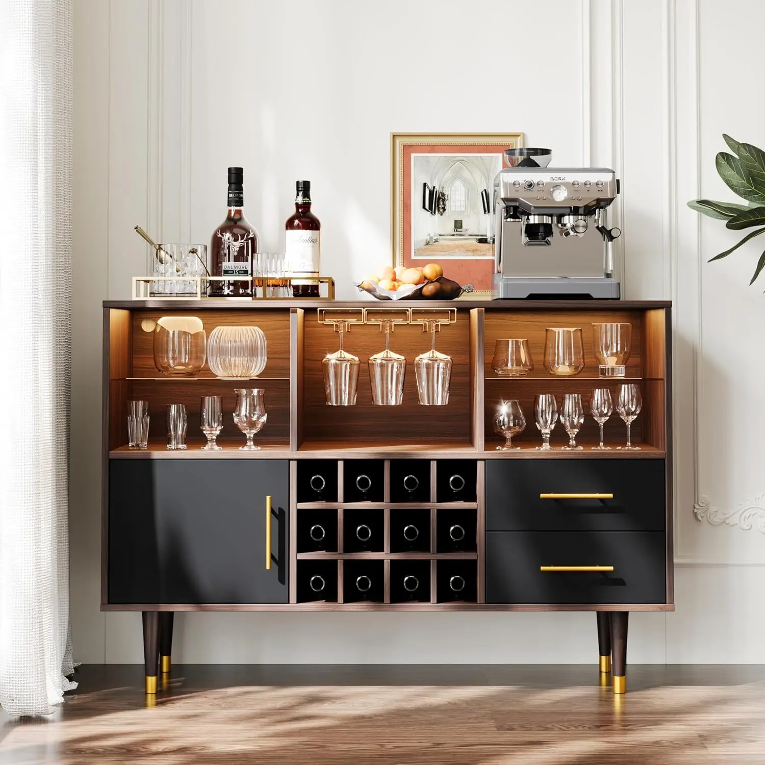 Bar Cabinet, 47 inch Walnut - Modern Cabinet with LED Light Charging Station, Buffet Table, Coffee Bar & Storage for Home Bar