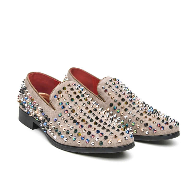 Man Cow Suede Leather Colorful Crystal Spike Loafers Slip on Flat Heel Dress Shoes Party Nightclub Fashion Casual Shoes for Men