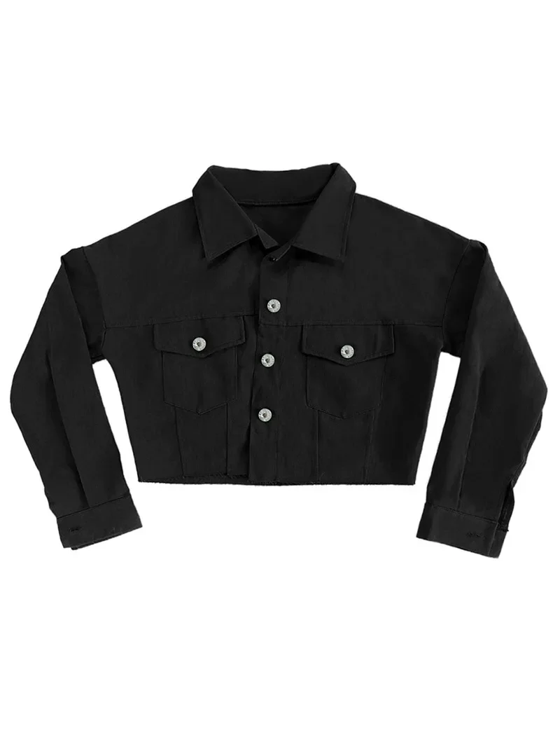 Džínová krátká bunda pro ženy s dlouhým rukávem a klopou, dámská jarní a podzimní bunda s knoflíky a zkráceným lemem - náhled 6