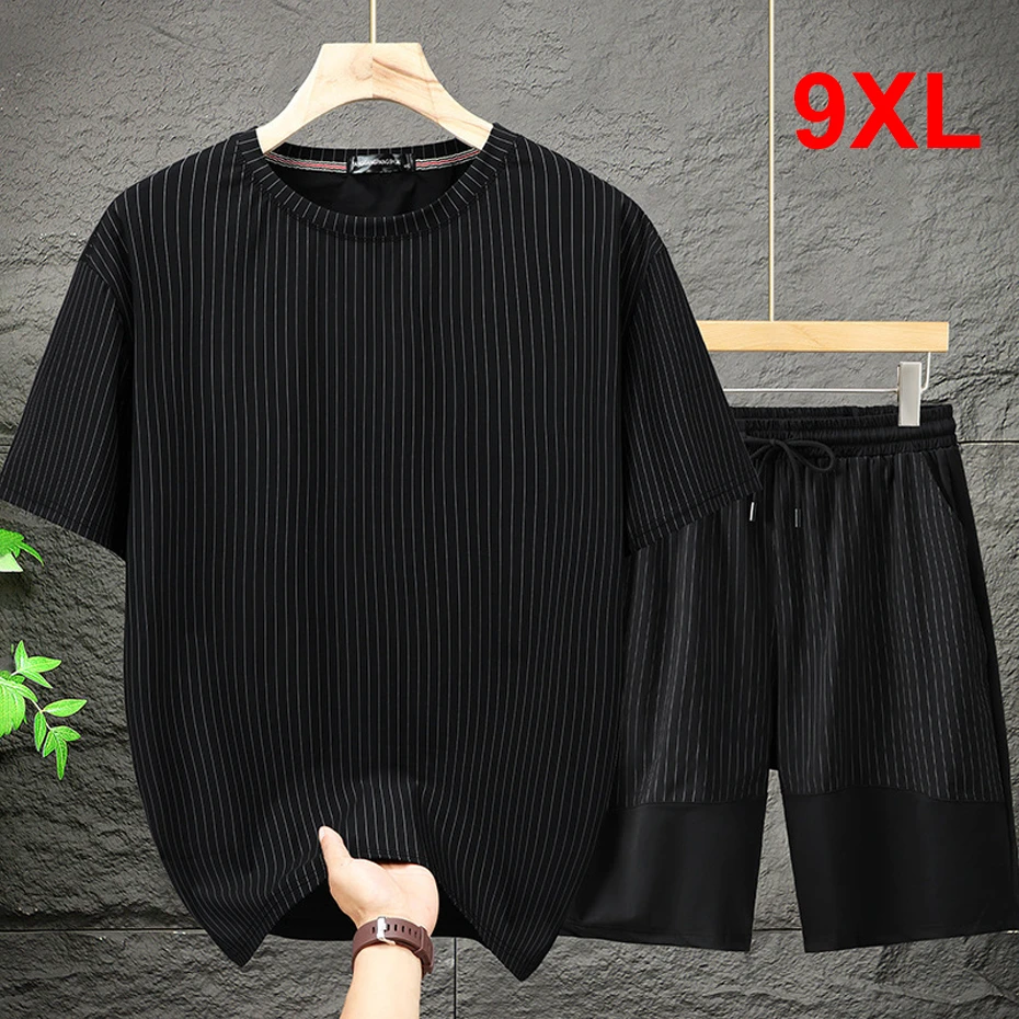 Summer Striped Suits Men Plus Size 9XL Summer Cool  T-shirts Shorts Sets Fashion Casual Suits Male Aflczyu Clothes Big Size 9XL