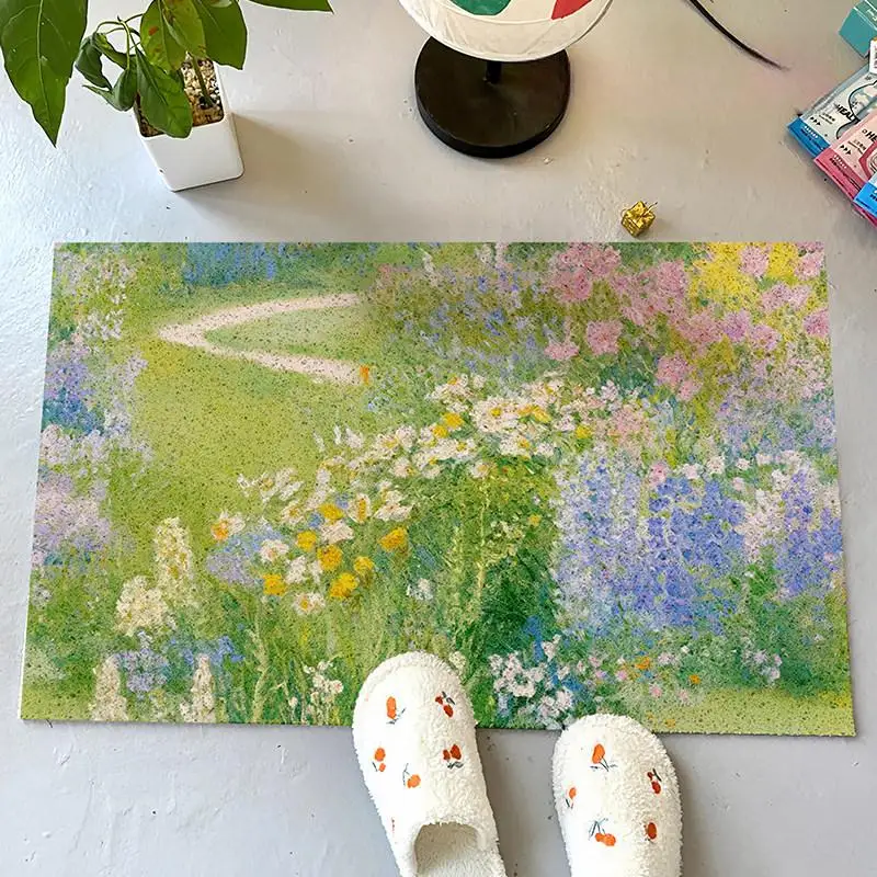 Impressionist Spring Flower Pattern Doormat, Heavy Duty PVC Loop Coil Floor Mat, Elegant Aesthetic Indoor Outdoor Entrance Rug