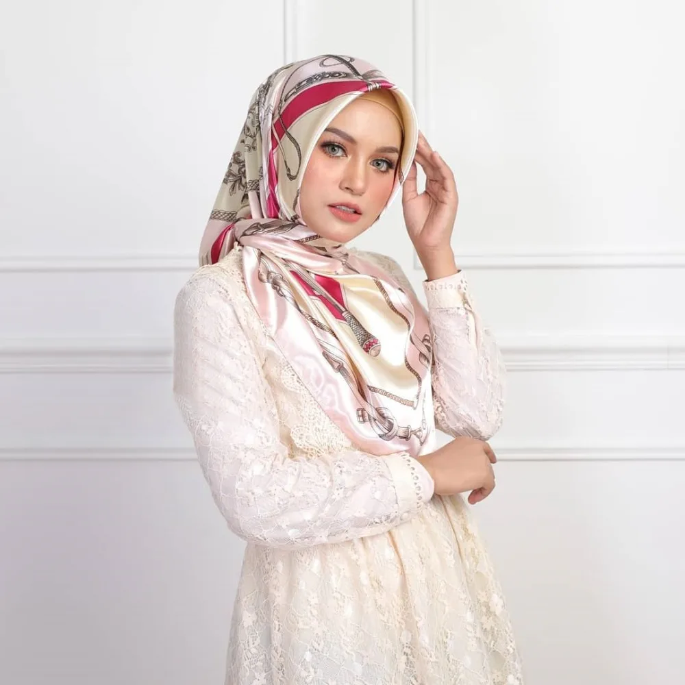 Syal Hijab wanita Muslim, syal wanita Muslim motif persegi, syal sutra Hijab, syal wanita Tudung, Busana Muslim