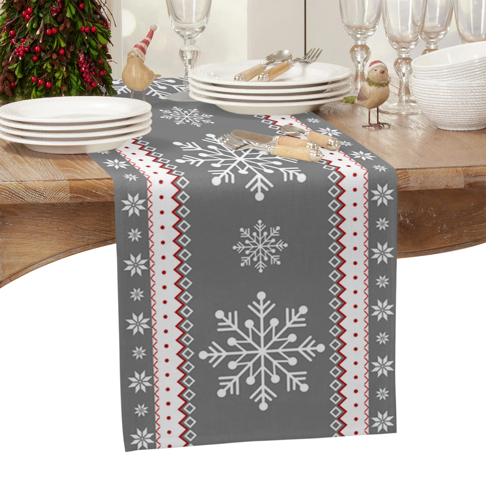 Christmas Snowflakes Red Background Modern Table Runner Wedding Decor Table Runner for Dining Table Flag Christmas Decorations