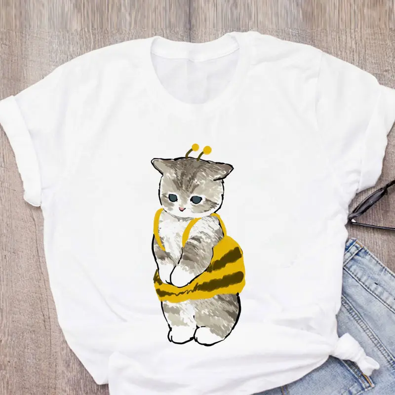 Women\'s Cute Cat Funny Cartoon Harajuku print ladies T-shirt casual basis O-collar White shirt short sleeve ladies Tshirt