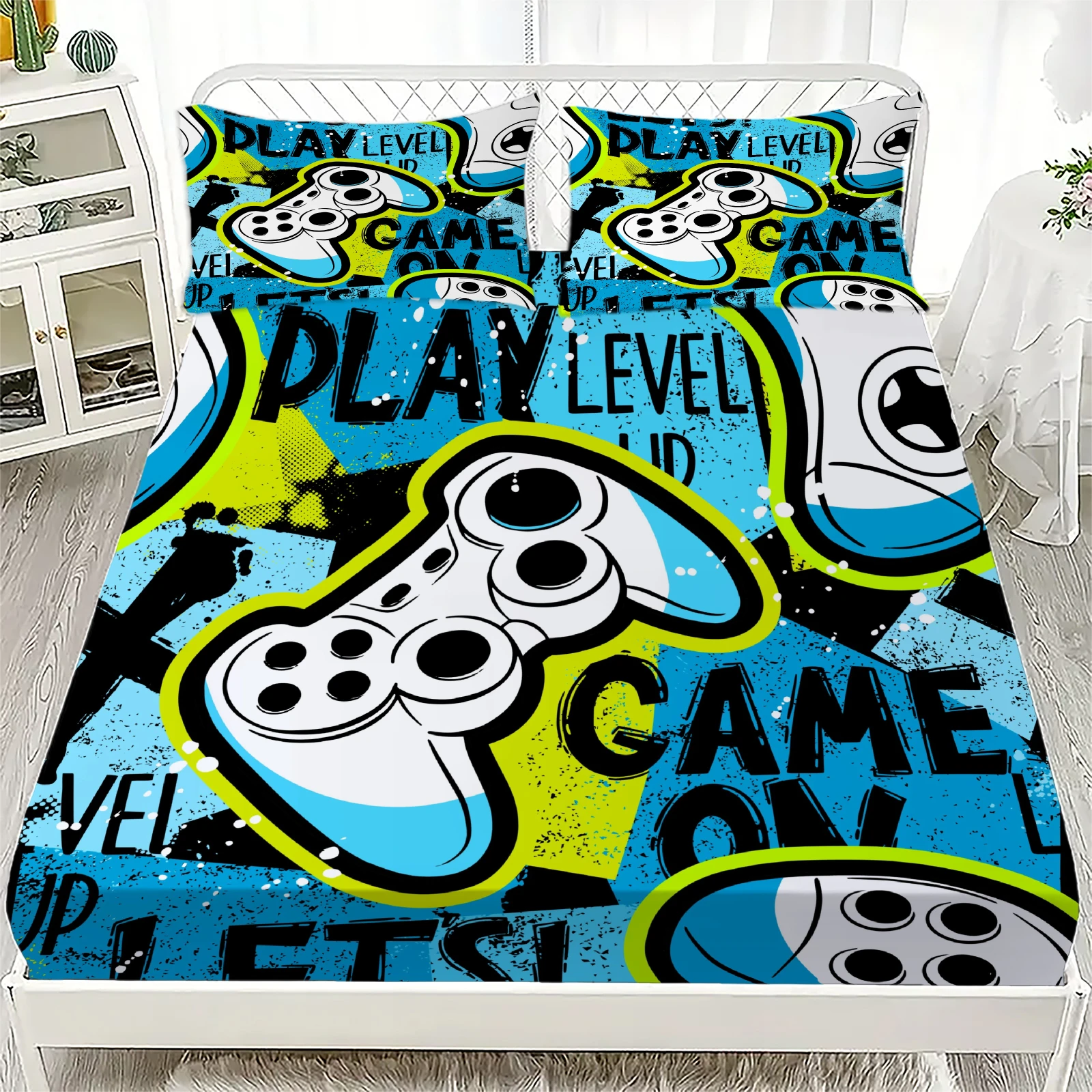 3D Game Controller Fitted Sheet Set For Boys Bedroom Decor Single Twin Queen Size Skin Friendly Washed Cotton Fitted Sheet