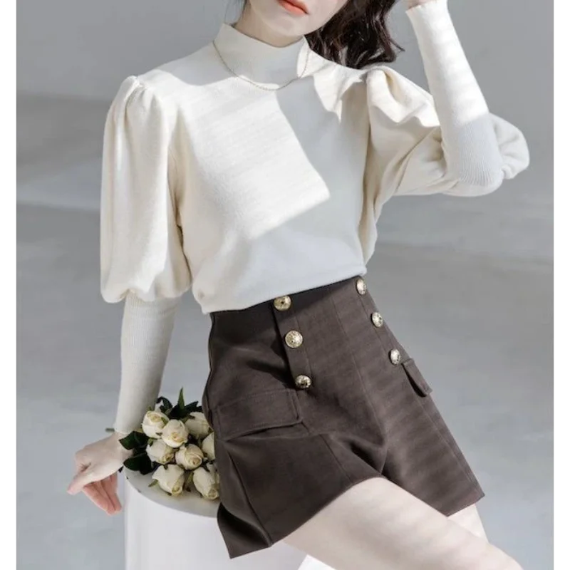 เสื้อสเวตเตอร์ผู้หญิง แขนพอง คอเต่าครึ่งตัว ดีไซน์ทันสมัย สีพื้น สำหรับฤดูใบไม้ร่วงและฤดูหนาว รุ่นใหม่ล่าสุด