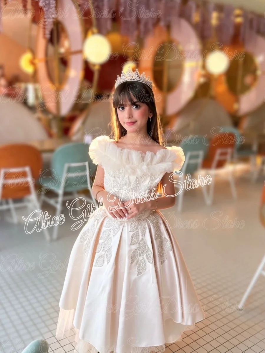 Customized Satin Flower Girl Dress for Wedding Lace Ruffles Knee Length Baby Girl Birthday Party Gowns First Communion Gowns