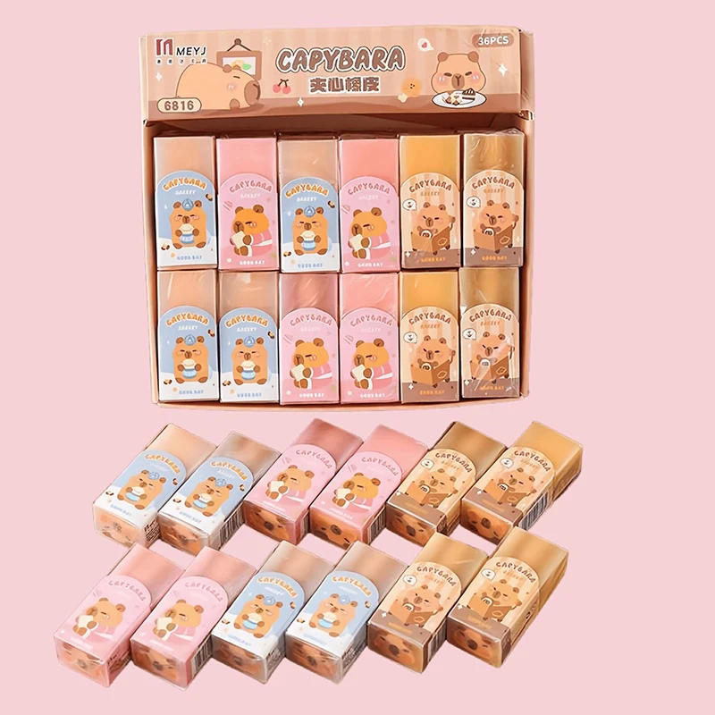 36pcs Cute Capybara Rubber Eraser Student Stationery Sliceable Pencil Eraser Kids School Supplies Wholesale Gift