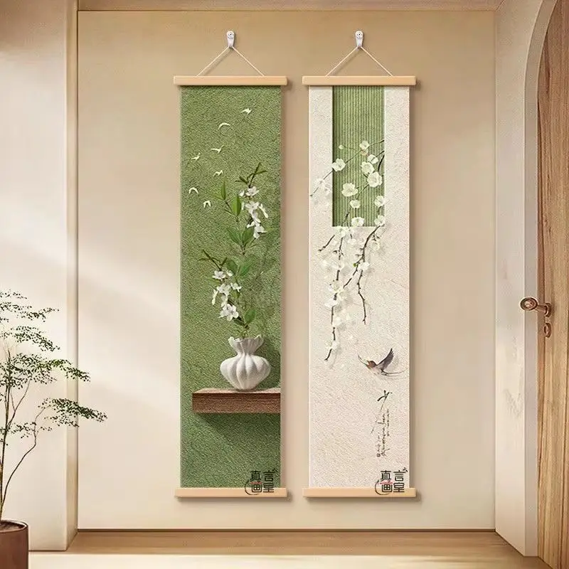 VIKAMA Chinese Style Wall Hanging for Entryway, Vertical Scroll Art Set of 2 White Vase Flower Bird, Rustic Home Decor
