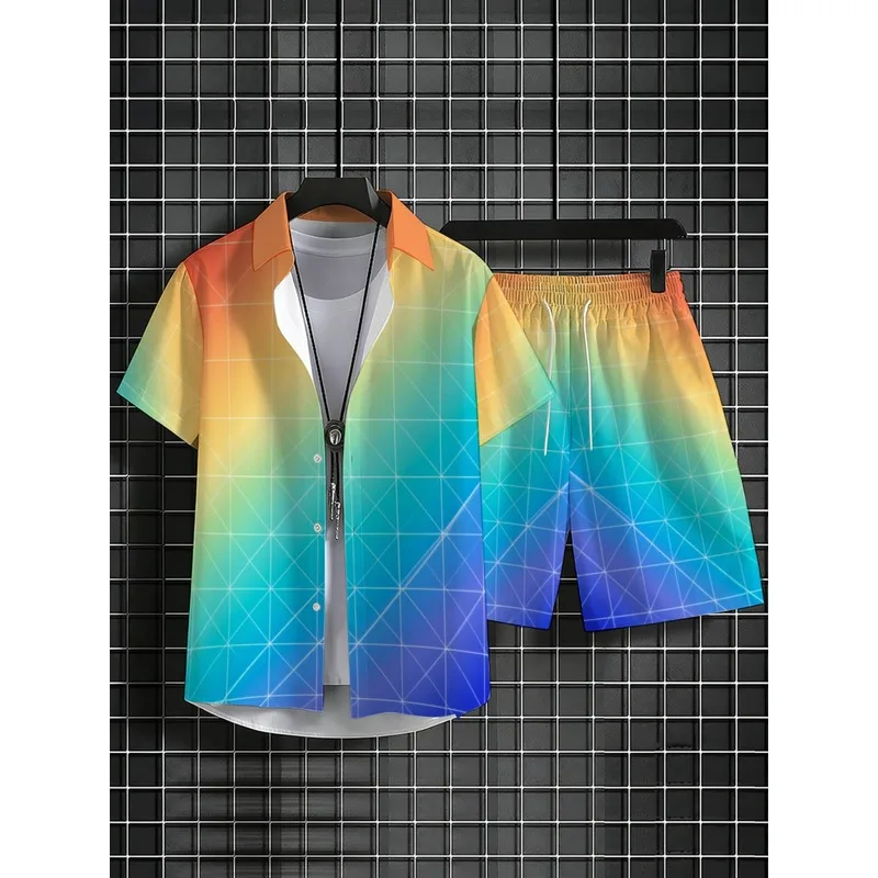 Men Summer Beach Outfit Color Gradient Short Sleeve Shirt and Shorts Set Lightweight Comfortable Casual Vacation Matching Suit view 3