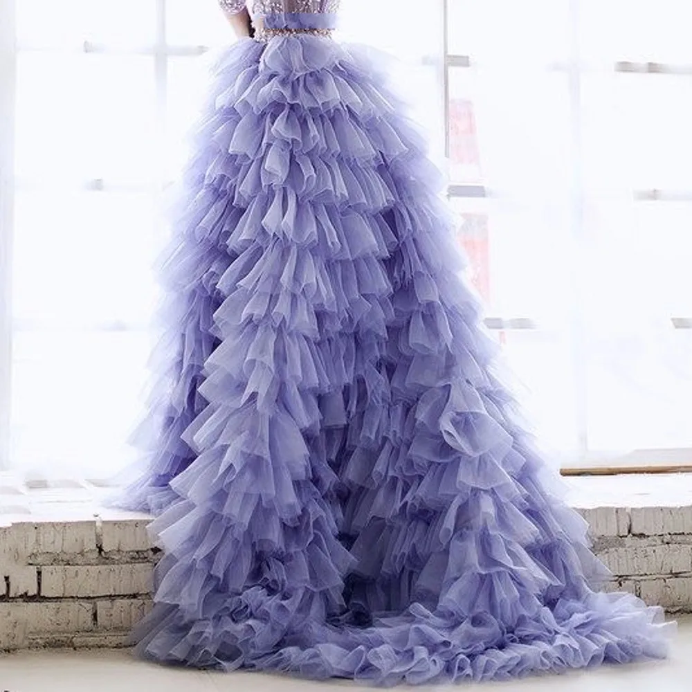 Vestido de baile lavanda, saia de festa de casamento, babados em camadas, tule, saias longas de aniversário para sessão de fotos, saia longa de noite com top
