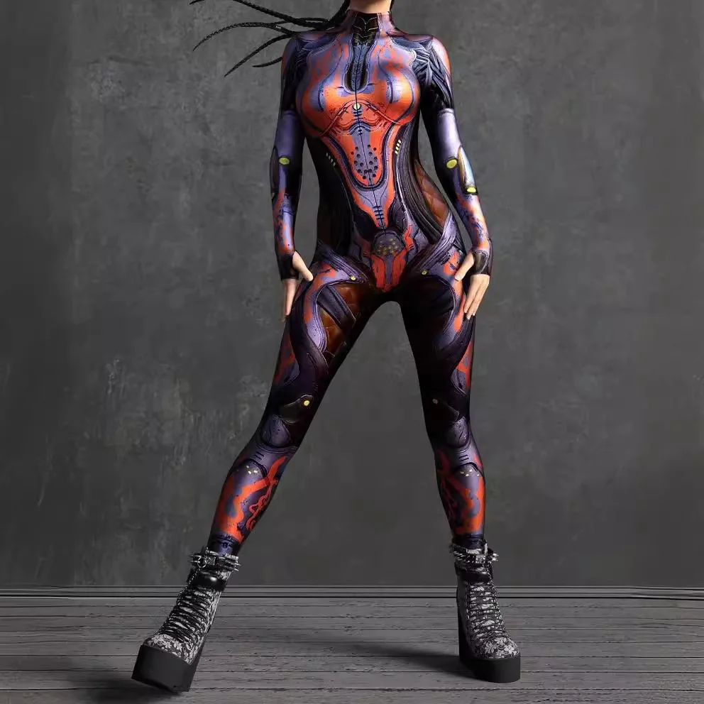

Women Mechanical Armour Jumpsuit Cyber Fighter Cosplay Bodysuit Steampunk Costume Halloween Party Performance Shows Zentai Suit
