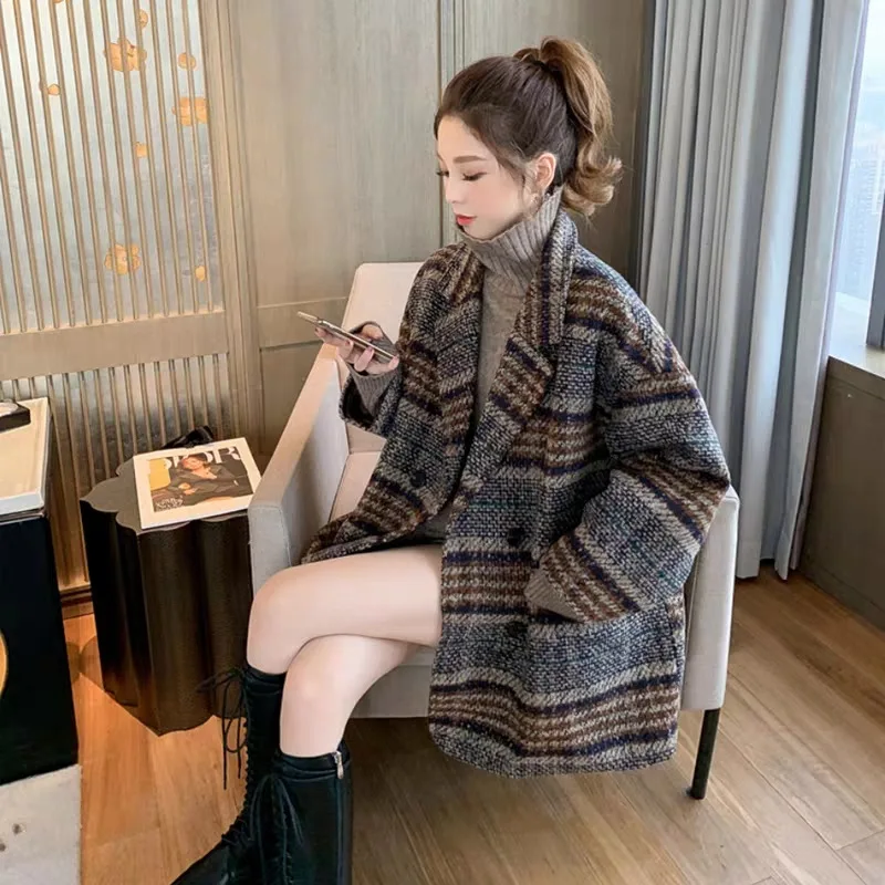 Harajuku Casual Coffee Color Suit Jacket Women 2024 Autumn Winter New Popular Small Plaid Tweed Medium Long Woolen Coat Trend