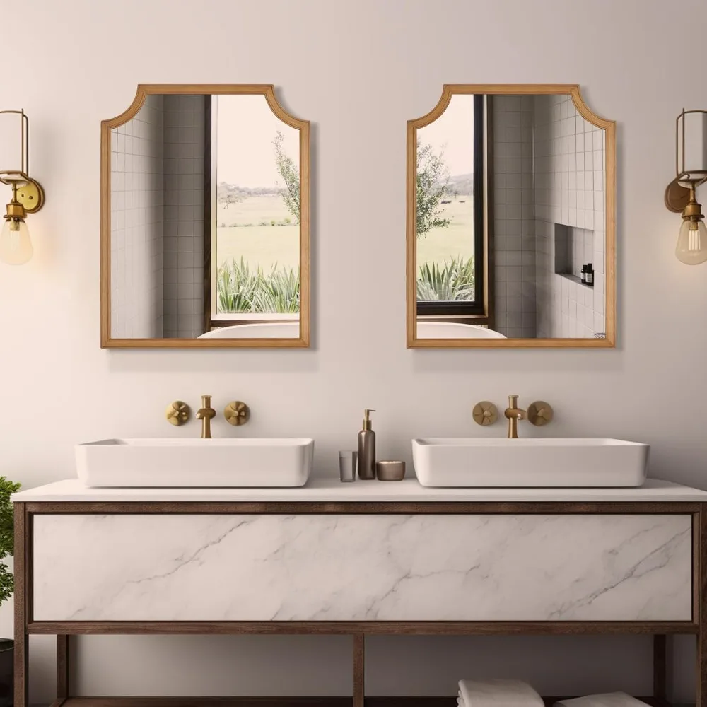 小さなバスルームの洗面化粧台用長方形ウォールミラー、16x20インチのスカラップウッドフレーム、廊下、寝室、リビングルームの装飾に最適