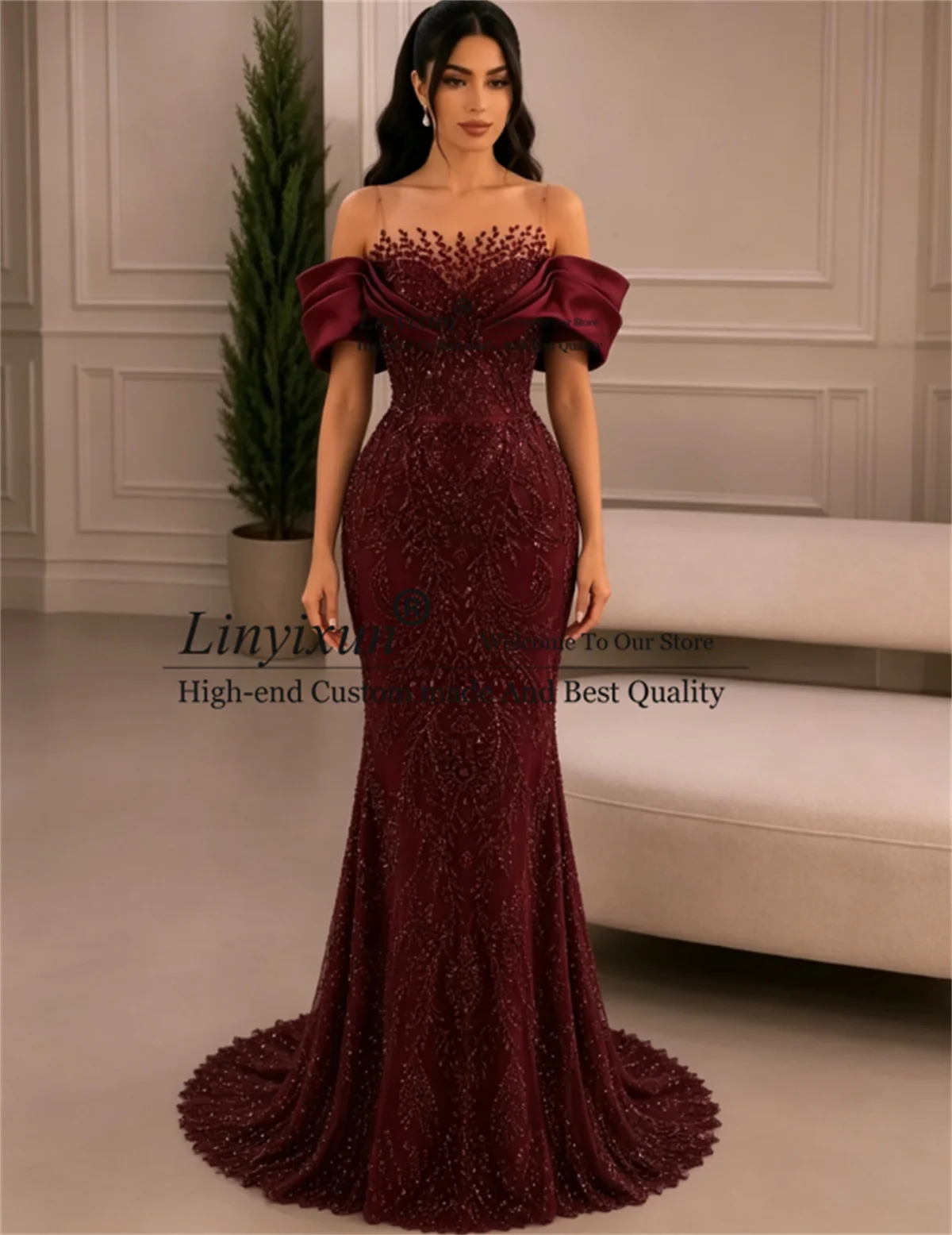 Luxury Beaded Diamond Prom Dresses Long Off Shoulder Mermaid Evening Gown Embellishments Customized Arabic Dubai فساتين سهرة