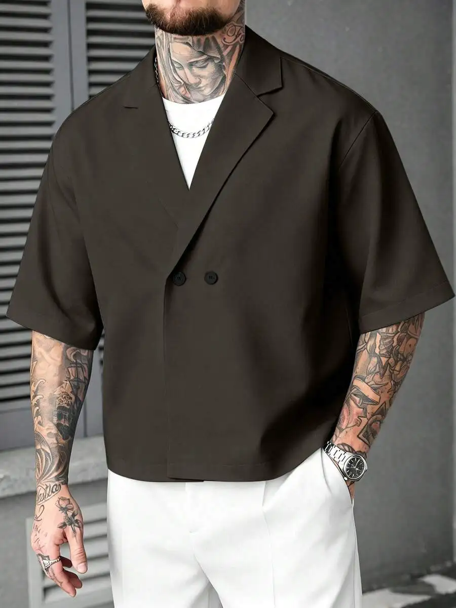 

Mens Solid Color Casual Short Sleeve Double Breasted Shirt Streetwear Cropped Blazer