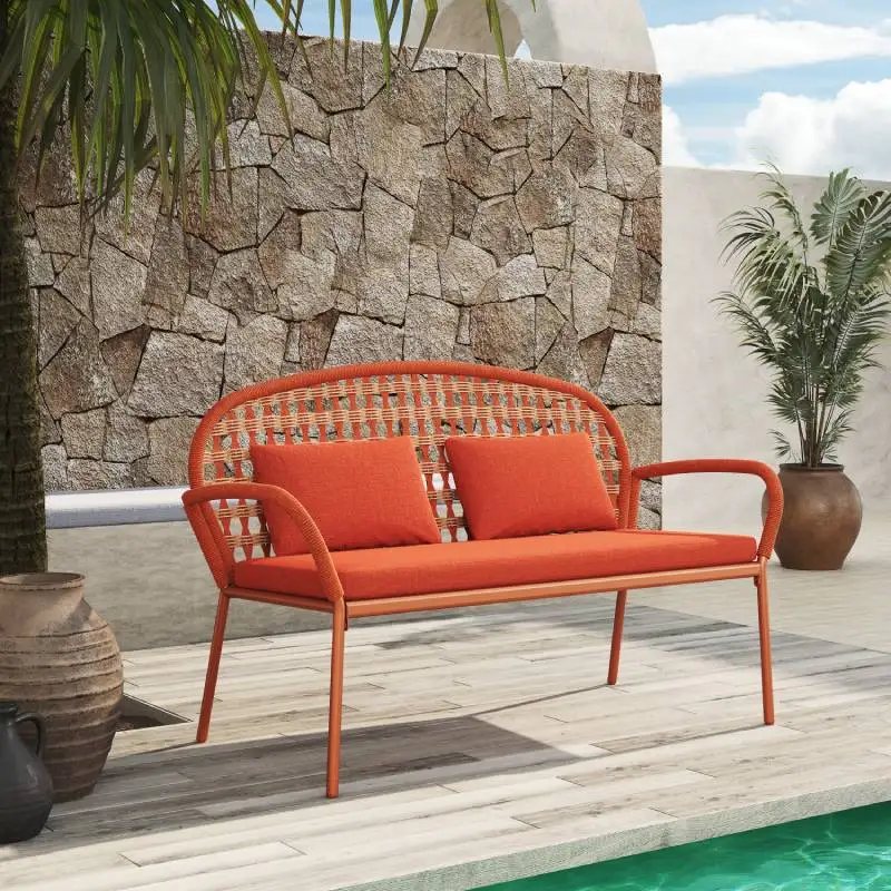 

Outdoor Garden Benches with Metal Powder Coated Frame And Fancy Rope, Patio Vintage Bench for Front Porch Park Furniture Decor