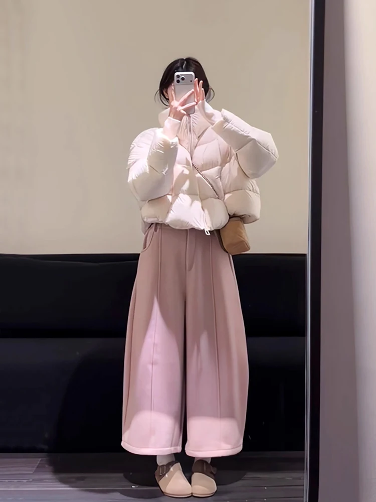 

Корейский комплект из хлопкового джата и широких брюк в Корейском стиле, красивый зимний наряд больших размеров, дизайн на молнии с высокой талией