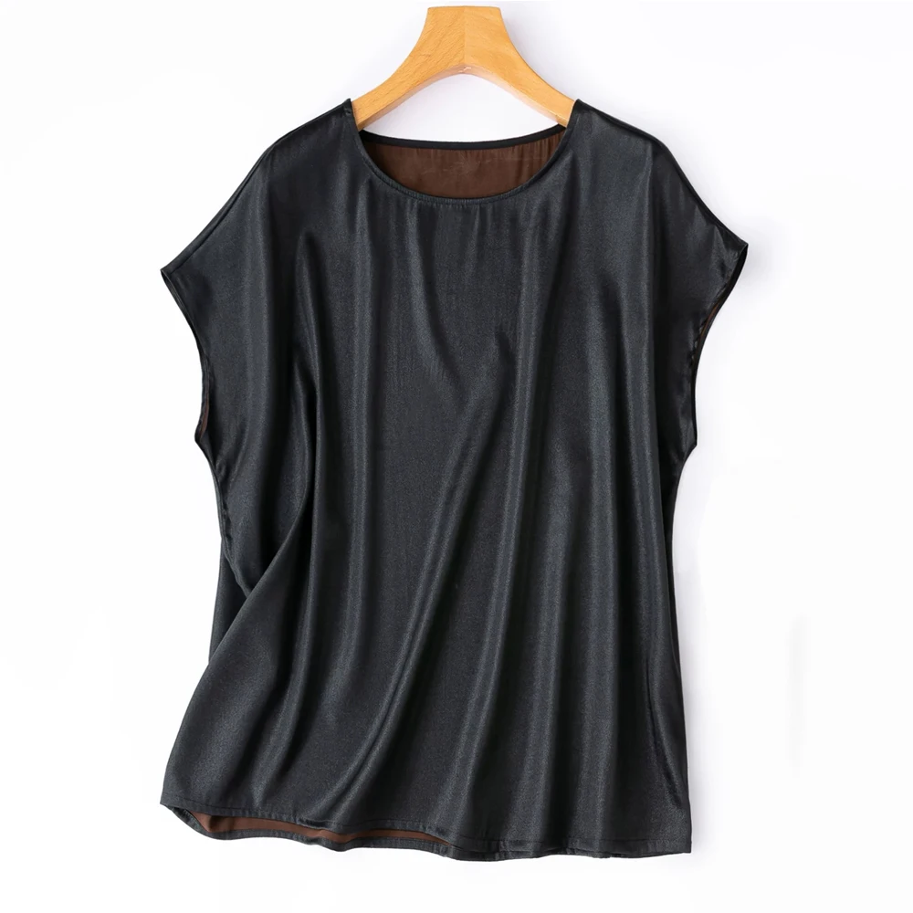 Premium Feel Heavy 93% Natural Mulberry Silk Fragrant Cloud Yarn Loose Shoulder Short Sleeved Women's Fashionable Black T-shirt