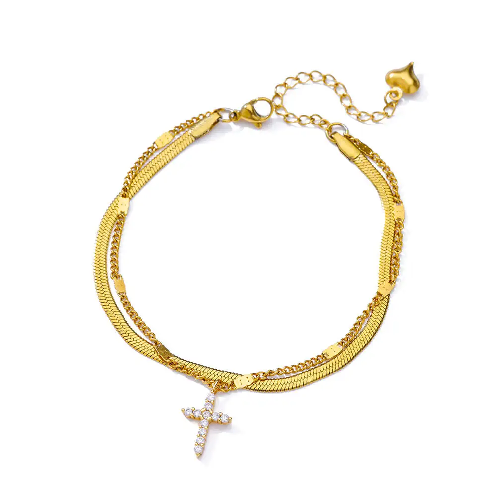 Zircon Cross Anklets for Women, Double Chain Design