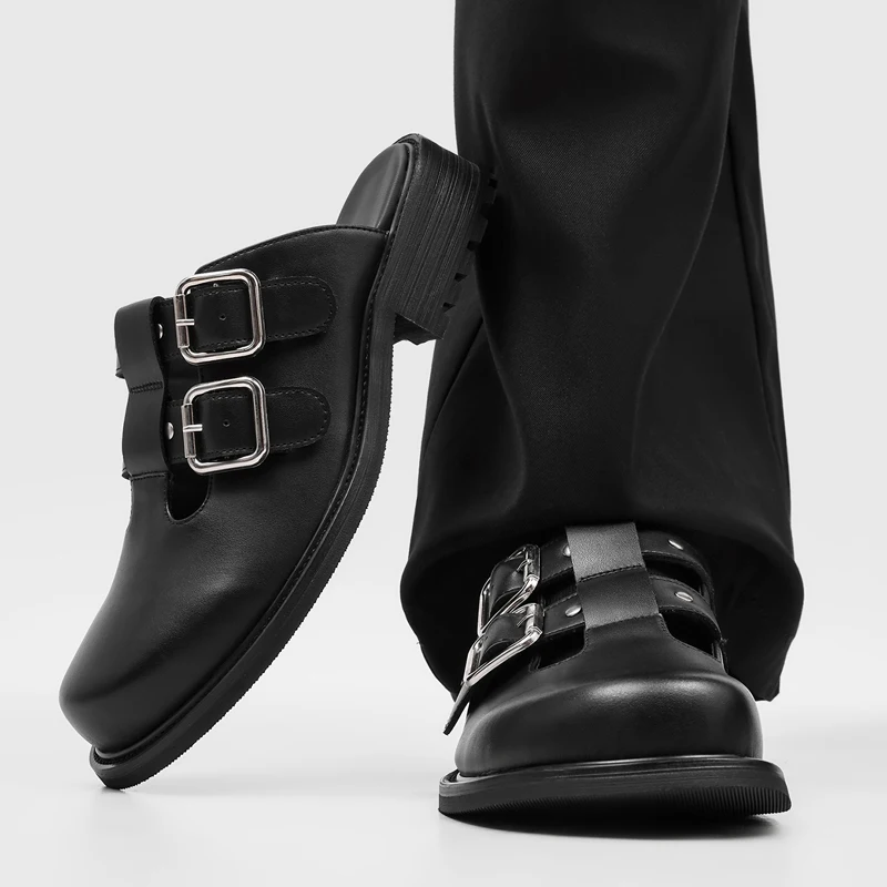 Men Mules Shoes Outdoor 2026 New Double Trump Closed Toe Men Slippers Clogs Slides Genuine Leather Casual Slip On Slippers Men