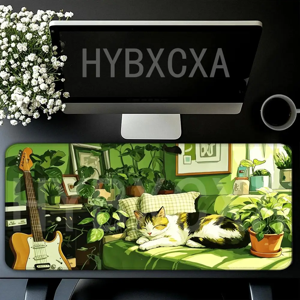 

HYBXAXC Cat Desk Mat, Green Plant, Minimalist Office Mouse Pad Cute HD Desk Pad Extended Gaming Keyboard Large Gamer Mousepad