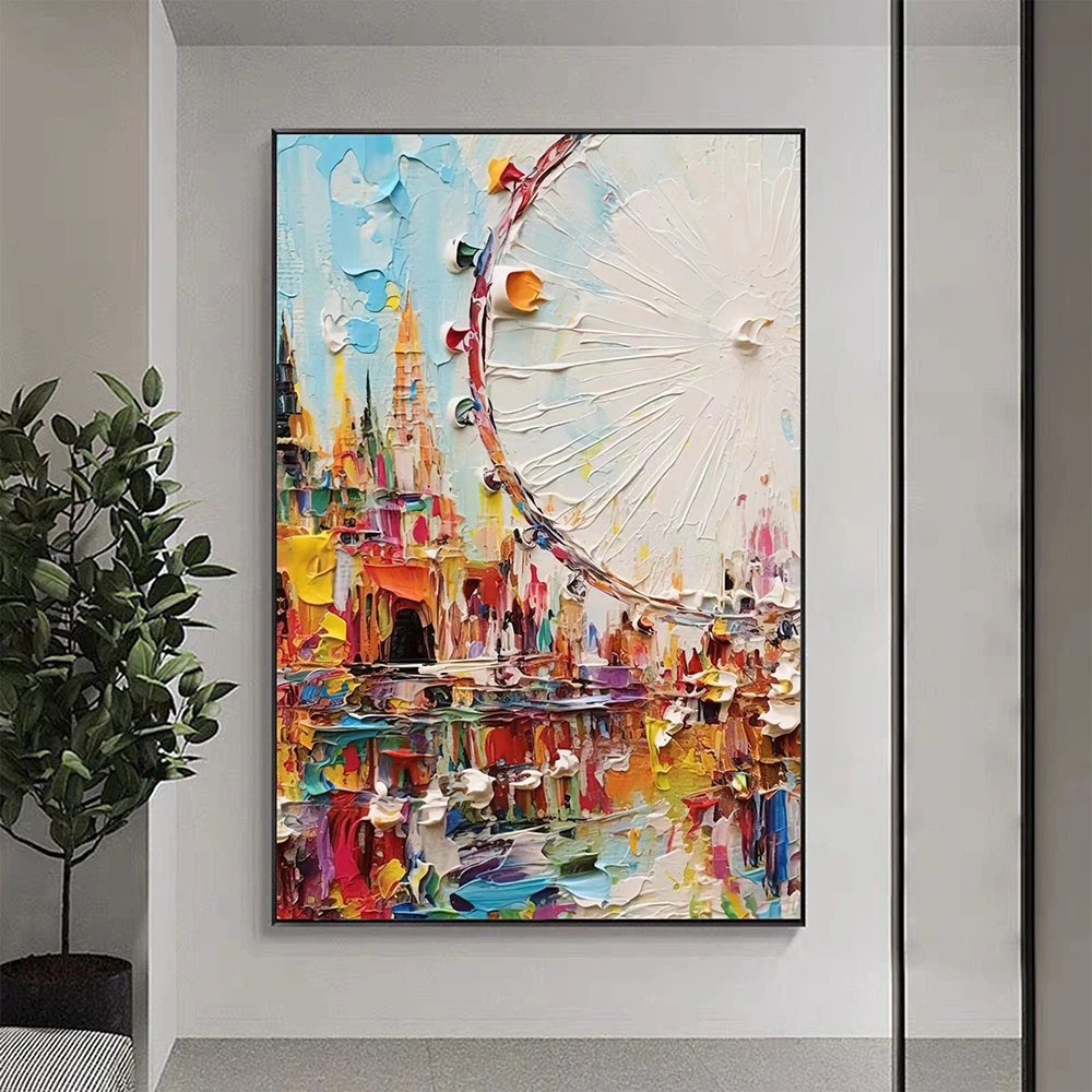 Handmade Oil Painting Abstract Ferris Wheel Oil Painting Original Amusement Park Painting Textured Wall Art Bedroom Wall Decor